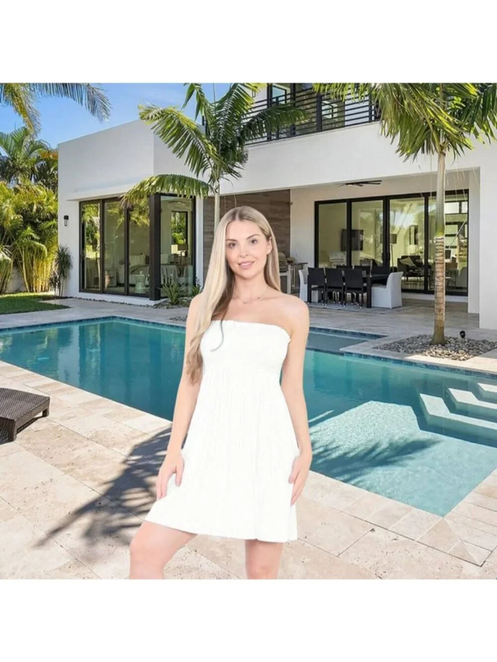 Women's White Sun Strapless Tube Short Beach Summer Dresses Casual Mini Dress